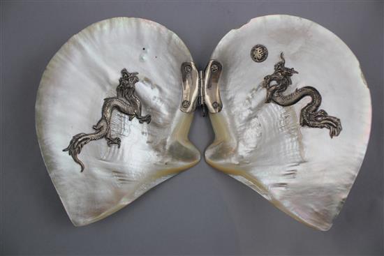 A Chinese silver mounted mother of pearl shell, early 20th century, 25.5cm